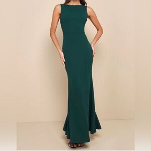 Lulu's Exquisite Refinement Emerald Backless Bow Ruffled Maxi Dress